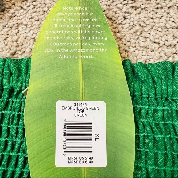 NWT! Farm Rio Tropical Green Linen Embroidered Smocked Back Crop Top. Size XL. - Picture 11 of 14